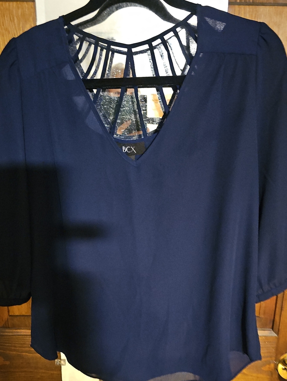 BCX Navy V-Neck Blouse with Strappy Cage Back